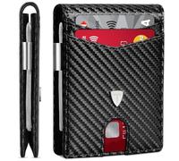 TEEHON Portefeuille Homme Slim Cuir en Fibre de Carbone avec Blocage RFID et Emplacements pour Cartes de Crédit, Clip de Billets, Minimaliste Porte Monnaie Homme Bi-Fold avec Boîte Cadeau - Noir.