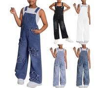 Teen Girls Denim Bib Overalls Kids Star Patchwork Wide Leg Baggy Denim Dungarees Cute Teen Loose Fit Sleeveless Adjustable Bib Overall Youth Casual Straight Jeans Jumpsuit