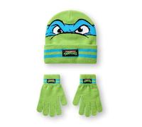 Teenage Mutant Ninja Turtles Ensemble bonnet et gants pour garçon | TMNT Leonardo Character Face Bonnet d'hiver et gants tricotés rayés en vert | Dessin animé animé pour enfants avec tête de guerrier