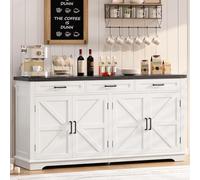 TEENFON 155cm Buffet Salle a Manger, Meuble Cuisine avec 4 Portes et 3 tiroirs, Buffet Cuisine à étagères réglables de Style champêtre, Meuble de Rangement de Cuisine, Blanc - 155x40x80 cm