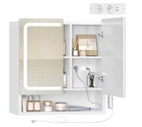 TEENFON Armoire de Salle de Bain avec Miroir et Éclairage LED, Prise Intégrée, Meuble Mural de Rangement pour Salle de Bain, 2 Portes, Support Sèche-Cheveux, Étagère Ajustable, Blanc, 59.5x65x15 cm