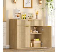TEENFON Buffet Salle a Manger Cannelé, Meuble de Rangement avec Tiroir et Étagère Réglable, Buffet Cuisine en Bois Naturel, Poignées Dorées, idéal pour Cuisine, Salon, entrée - 80 × 38 × 80 cm