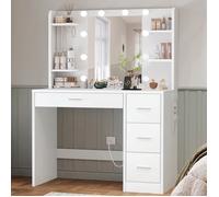 TEENFON Coiffeuse avec éclairage LED et 4 tiroirs, Coiffeuse avec station de charge, 85*40*135cm,Blanc