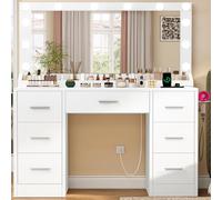 TEENFON Coiffeuse avec Grand Miroir et Lumières | Prise intégrée, support pour sèche-cheveux, 7 tiroirs de rangement, luminosité réglable, design blanc élégant
