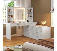 TEENFON Coiffeuse avec LED miroir et station de charge, Coin Coiffeuse avec 8 tiroirs avec 4 étagères, (100+90)*40*135cm, blanc
