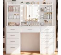 TEENFON Coiffeuse avec miroir et station de charge, coiffeuse avec 9 tiroirs, 6 étagères, 107*40*144 cm, blanc
