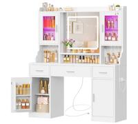 TEENFON Coiffeuse avec Miroir LED et RGB - Coiffeuse avec luminosité réglable, Table de Maquillage avec 3 tiroirs, 4 Portes, 5 Crochets à Bijoux et Prise - pour Chambre Moderne, Blanc