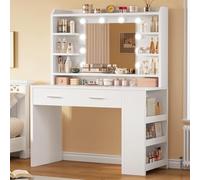 TEENFON Coiffeuse avec Miroir,Luminosité Réglable,3 Couleurs, Coiffeuse avec 4 étagères Ouvertes, Blanc,Rangement Latéral