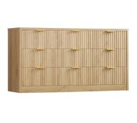 TEENFON Commode 160 cm pour Chambre avec 9 Tiroirs, Commode & Meuble à Tiroirs avec Poignées en Métal, Commode Cannelée, Rangement en Bois pour Organiser les Vêtements dans le Dressing, Salon, Naturel