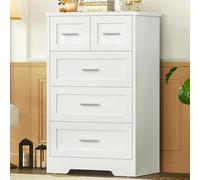TEENFON Commode Blanche 5 Tiroirs, Commode pour Chambre Adulte et Enfant, Meuble de Rangement Multifonctionnel Idéal pour Le Salon, la Salle à Manger ou l'Entrée - 60 x 35 x 96,5 cm