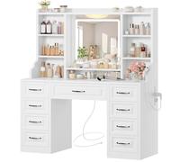 TEENFON Grand Coiffeuse,Coiffeuse avec Miroir LED, 3 Couleurs, Luminosité Réglable,Table de Maquillage avec 9 Tiroirs, 7 Étagères,2 Prises + 2USB,Style européen élégant,Blanc