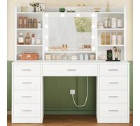TEENFON Grande Coiffeuse, Coiffeuse avec Miroir et Prise, Éclairage LED, 3 Couleurs, Luminosité Réglable, Blanc,9 Tiroirs+7 Étagères