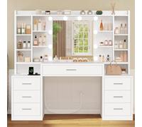 TEENFON Grande Coiffeuse, Coiffeuse avec Miroir LED, 3 Couleurs et Luminosité Réglable, Table de Maquillage avec Prises, 7 Tiroirs et 8 Étageres, Moderne,Blanche