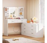 TEENFON Grande Coiffeuse, Coiffeuse avec Miroir LED et Prise, 3 Modes de Couleur, Luminosité Réglable，Blanc，8 Tiroirs et 6 étagères