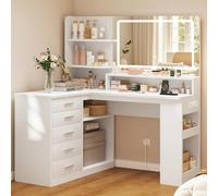 TEENFON Grande Coiffeuse, Coiffeuse avec Miroir LED et Prise, 3 Modes de Couleur, Luminosité Réglable，Blanc，,5 Tiroirs, 3 Étagères Ouvertes et Rangement Latéral