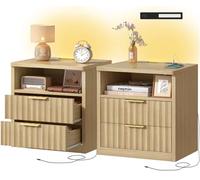 TEENFON Lot de 2 Tables de Chevet Cannelées, Tables de Nuit avec Prises USB, Éclairage LED, 2 Tiroirs et Compartiment Ouvert, pour Chambre et Salon, Bois Naturel