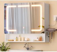 TEENFON Miroir Salle de Bain avec Rangement, Armoire de Toilette Lumineuse à LED avec Prise Intégrée, Meuble Mural 3 Portes, Support Sèche-Cheveux, 3 Températures de Couleur Tactile, Étagère Réglable