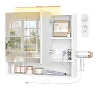 TEENFON Miroir Salle de Bain avec Rangement, Armoire Lumineuse à LED avec Prise Intégrée, 70x65x15 cm | Meuble Mural 3 Portes, Support Sèche-Cheveux, 3 Températures de Couleur Tactile, Blanc
