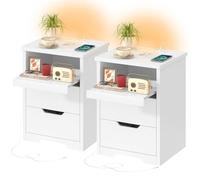 TEENFON Set de 2 Tables de Chevet avec Éclairage LED 3 Couleurs et Charge Rapide USB/Type-C - Chevet de Lit Ainsi Que Table de Nuit Moderne avec Plateau Coulissant et 2 Tiroirs, pour Chambre, Blanc
