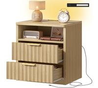 TEENFON Table de Chevet Cannelée, Table de Nuit avec Prises USB et Type-C, Éclairage LED, 2 Tiroirs et Compartiment Ouvert, pour Chambre et Salon, Bois Naturel