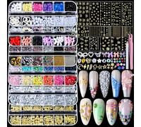 Teenitor Nail Strass Nail Art Outils Avec 15 Feuilles Or Nail Art Stickers, 6 Boites de Breloques Ongles Gemmes Ongles Perles Nail Bijoux