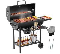TEENO Barbecue à Charbon de Bois, Grille XXL Double Couche, Thermomètre, Tiroir à Cendres, Évents Réglables, Roulettes, Tablettes Latérales, Gants et Pince, Barbecue Extérieur Jardin Balcon Famille