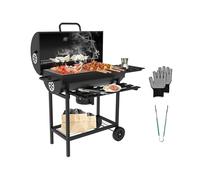 TEENO Barbecue à charbon de bois XXL portable avec poêle à charbon réglable, thermomètre, table d'appoint pliable, roulettes, gants de barbecue et pinces alimentaires
