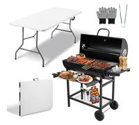 TEENO barbecue au charbon de bois,gants anti-burn barbecue grand format avec table pliante blanche de plein air offerte 180x74x74 cm (Table pliante blanche + barbecue au charbon de bois)