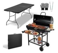 TEENO barbecue au charbon de bois,gants anti-burn barbecue grand format avec table pliante blanche de plein air offerte 180x74x74 cm (Table pliante noire + barbecue au charbon de bois)