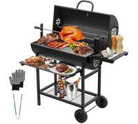 TEENO Carro para barbacoa de madera,parrilla de carbón con tapa, termómetro, cajón de ceniza, guantes antiquemaduras