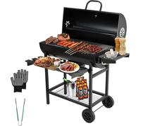 TEENO Chariot de barbecue XXL Barbecue au charbon de bois avec tablette latérale, couvercle, tiroir à cendres, thermomètre, gants anti-brûlures, grand charbon BBQ Barbecue