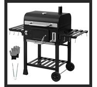 TEENO Chariot de Cuisson au Charbon de Bois XXL, Barbecue avec Couvercle, Thermomètre, Gants Anti-Chaleur, Cheminée et Ouvre-Bouteille Intégré, Fumoir Grand Modèle pour Barbecue Charbon de Bois