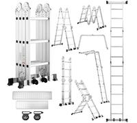 TEENO Échelle Multifonction 7 en 1, 3.6 M, 4x3 marches, Échelle Pliante en Aluminium avec 2 Plateformes, Pieds en Caoutchouc, 2 Roues Amovibles, 12 échelons, Charge Max 150 kg, Argenté