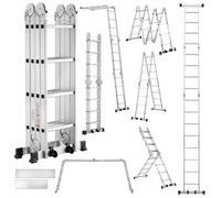 TEENO Échelle Multifonction 7 en 1, 4.7 M, 4x4 marches, Échelle Pliante en Aluminium avec 2 Plateformes, Pieds en Caoutchouc, 2 Roues Amovibles, 16 échelons, Charge Max 150 kg, Argenté
