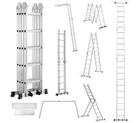 TEENO Échelle Multifonction 7 en 1, 5.8 M, 4x5 marches, Échelle Pliante en Aluminium avec 2 Plateformes, Pieds en Caoutchouc, 2 Roues Amovibles, 20 échelons, Charge Max 150 kg, Argenté