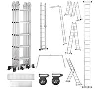 TEENO Échelle Multifonction 7 en 1, 5.8 M, 4x5 marches, Échelle Pliante en Aluminium avec 2 Plateformes, Pieds en Caoutchouc, 2 Roues Amovibles, 20 échelons, Charge Max 150 kg, Argenté