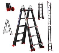 TEENO Échelle Pliable Multifonction 5.1 M, Escabeau Telescopique 5 en 1, Haute Performance, 5x5 Marches, Stable jusqu'à 150kg, 2 Roues Amovibles, Noir