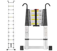 TEENO Échelle Telescopique 3,8 M, Escabeau Telescopique Pliable en Aluminium avec Barre Stabilisatrice et Crochet Amovible, pour Le Jardin et l'intérieur, Charge Max 150 kg, Argenté