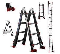 TEENO Echelle Telescopique 4 M en Aluminium,Escabeau 4x4 Marches, Structure Renforcée Marchepieds Escamotables, Echelle Escamotable avec Détachable Roues, Charge Max 150kg, Noir