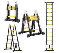 TEENO Échelle Télescopique en Aluminium 3.8 M (1.9+1.9), Escabeau Polyvalent Antidérapant avec 2 Roues Amovibles et Stabilisateurs Triangulaires et Barre Stabilisatrice, Certifiée EN131, Noir