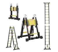 TEENO Échelle Télescopique en Aluminium 5M (2.5+2.5), Escabeau Polyvalent Antidérapant avec 2 Roues Amovibles et Stabilisateurs Triangulaires et Barre Stabilisatrice, Certifiée EN131, Noir