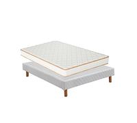 TEENO-Matelas 160 x 200 en Mousse + Sommier 160 x 200 tapissier volige + 4 Pieds et 26 Lattes, Maintien Parfait pour Un Matelas Double Face hautement élastique, Ultra-Respirant