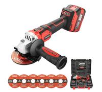 TEENO Meuleuse d'angle sans fil et sans balais, diamètre des disques 125 mm, vitesse à vide 9800 tr/min Batterie Li-Ion 2 X 3A avec coffret plastique et 6 disques abrasifs