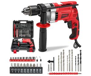 TEENO Perceuse à Percussion électrique 910W, Perceuse à Percussion Filaire 0-3000 RPM avec bouton de vitesse variable,38 accessoires, Mandrin 13mm,Brique,Bois,Acier