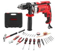 TEENO Perceuse Électrique à Percussion 910W, Perceuse à Percussion électrique 0-3000 RPM, Mandrin 13mm, Vitesse Variable, 37 Pièces Caisse à Outil Complete Tournevis et Pinces,Brique,Bois,Acier