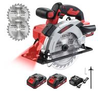 TEENO Scie circulaire laser sans fil 4000 RPM avec frein électrique, 2X2.0 AH batteries, 2X165mm lames, profondeur et angle de coupe réglables jusqu'à 38mm (45°), 54mm (90°).