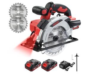 TEENO Scie circulaire laser sans fil 4000 RPM avec frein électrique, 2X2.0 AH batteries, 2X165mm lames, profondeur et angle de coupe réglables jusqu'à 38mm (45°), 54mm (90°).