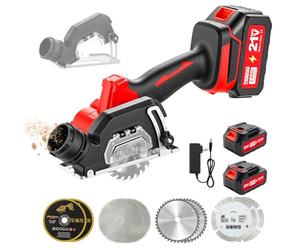 TEENO Scie Circulaire Sans Fil Mini Compacte, Scies Circulaires Électriques, 2 Batteries 2.0Ah, 8 Lames, 20000 Tr/Min, Meuleuse À Disque, Capot Anti-Poussière Amovible, Pour Métal, Bois Et Carrelage