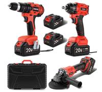 TEENO Set d'outils 3 pièces (LITHIUM ANGLE GRINDER + KABEL DREILL + IMPACT DriLL) 20 V Batteries 3 Ah x 2, pour voiture et maison