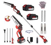 TEENO Tronçonneuse électrique, Tronçonneuse électrique 2 en 1, perche télescopique - détachable - Réglage à 180°, 6 pouces, 2 x 4000 mAh batteries, 2 plaques de guidage, 2 chaînes